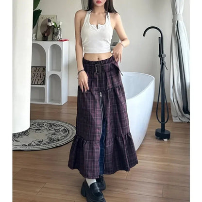 American Pleated Zipper Loose Aline Skirt Autumn New High Waist Contrast Color Plaid Midlength Skirt