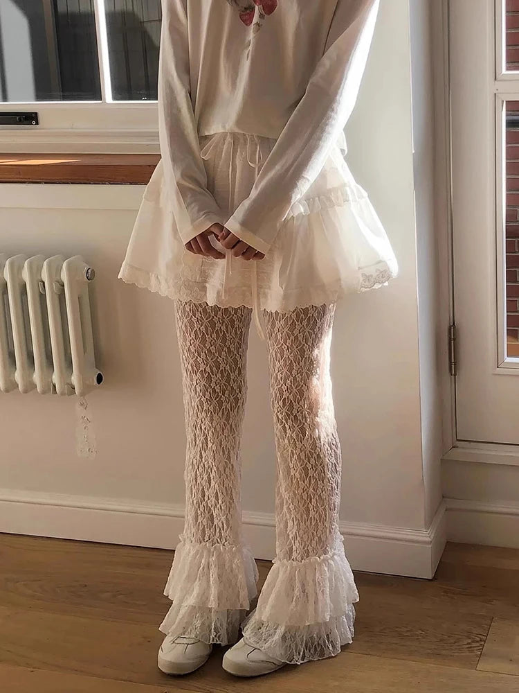 Lace Pants Hook Hollow Out Ruffles Pantalones De Mujer Korean Y2k Spring Trousers