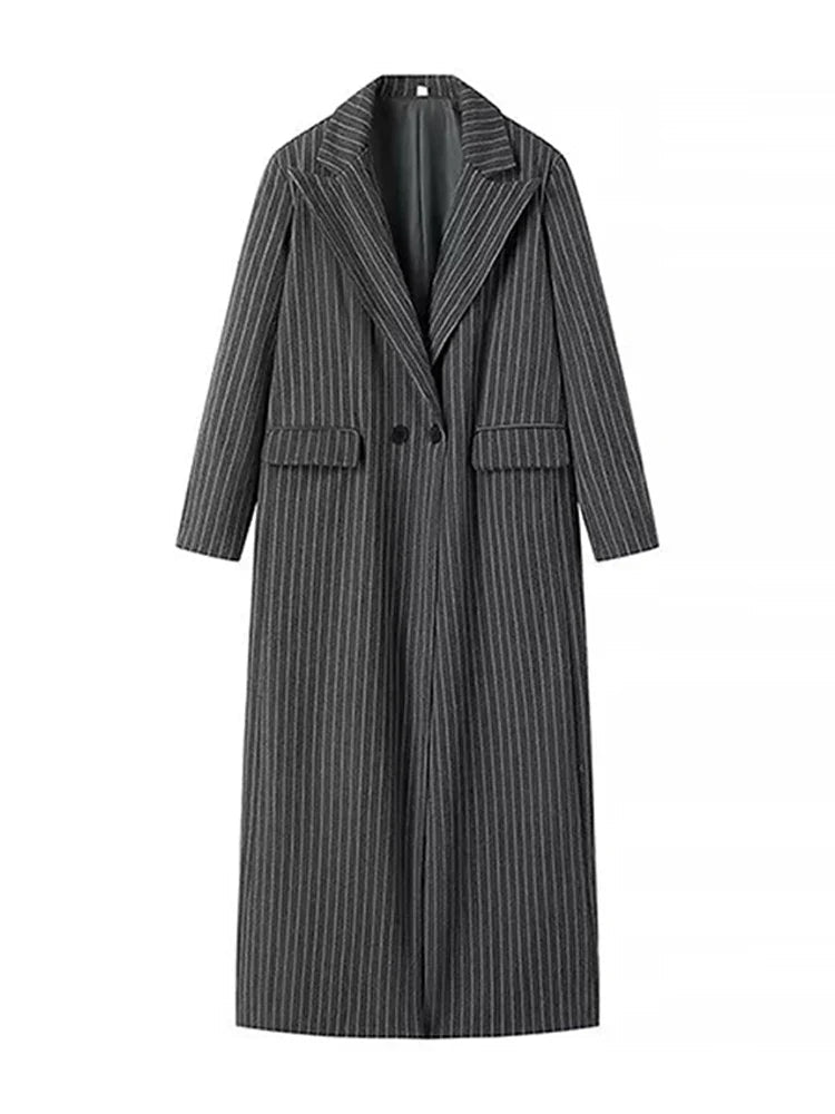 Gray Striped Long Coats Woolen Lapel Long Sleeve Back Split Loose Jackets Autumn Street Outwears