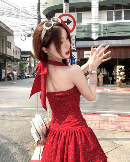 Woman Dresses Printed Sleeveless Halter Irregular Ruffles Bow Bandage Backless Mini Dress Sweet Party