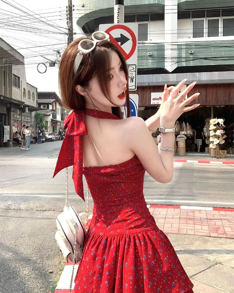 Woman Dresses Printed Sleeveless Halter Irregular Ruffles Bow Bandage Backless Mini Dress Sweet Party