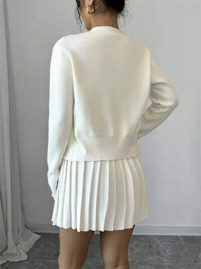 Female Knit 2 Piece-set Pleated Skirts Ribbed Cardigan Sweater and Skirt Sets Female Knitwear Outfits