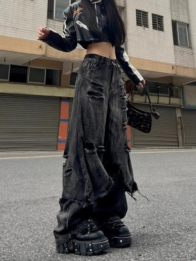 Washed Do Old Ripped Jeans Hip Hop Retro Oversize Spliced Straight Denim Pants Y2k Causal Mujer Bottoms