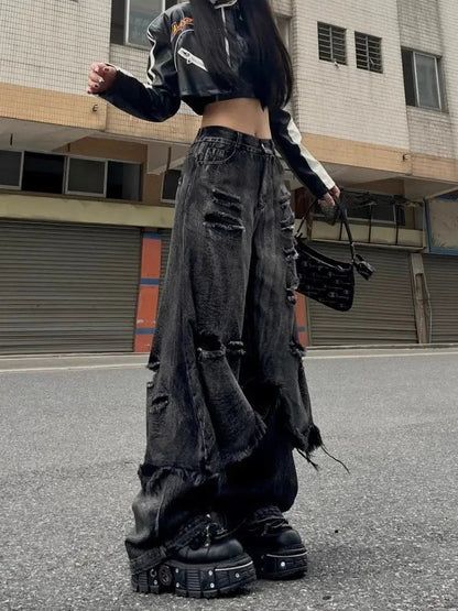 Washed Do Old Ripped Jeans Hip Hop Retro Oversize Spliced Straight Denim Pants Y2k Causal Mujer Bottoms