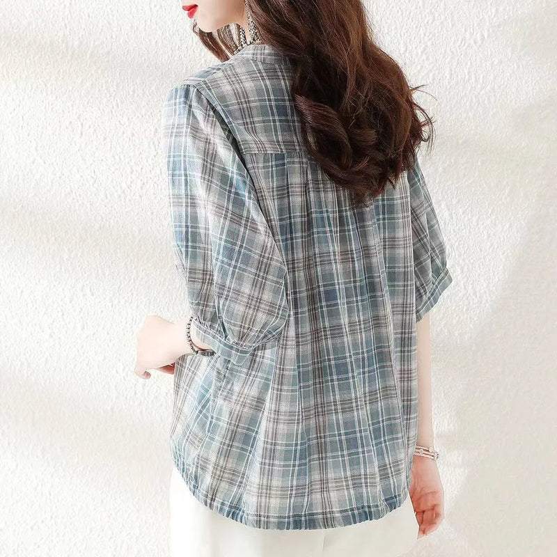 Woman Summer Style Blouses Tops Lady V-neck Short Sleeve Striped Printed Blusas Tops Df4537