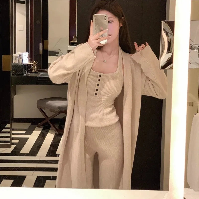 Autumn Winter New Knitted 3-piece Set Halter Vest Long Cardigan Long Pants Korean Female Outfits