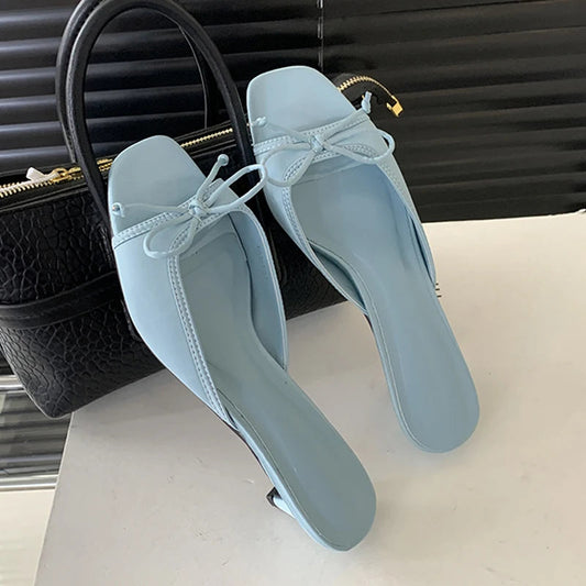 Design Style Shallow Square Toe Slippers Butterflyknot Low Heels Shoes Summer Zapatos De Mujer