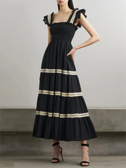 Slim Camisole Dress for Square Collar Sleeveless High Waist Hit Color Spliced Ruched Long Dress Female Party Dress
