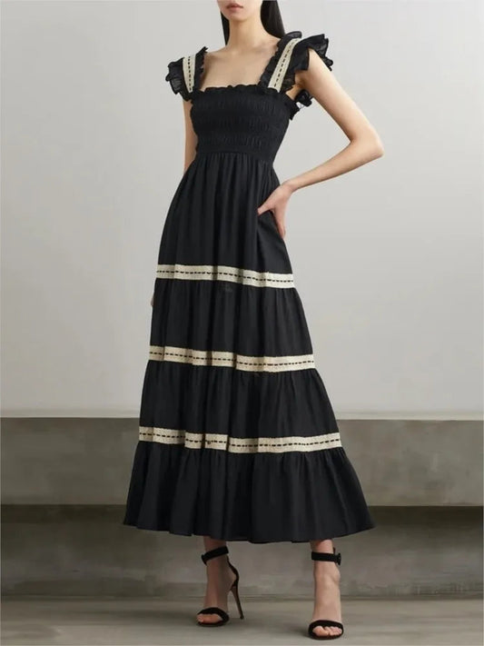 Slim Camisole Dress for Square Collar Sleeveless High Waist Hit Color Spliced Ruched Long Dress Female Party Dress