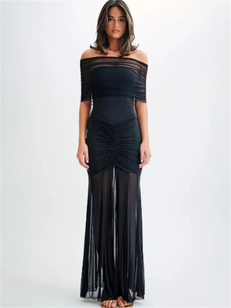 Autumn Mesh 2 Piece-set Long Dress Off-shoulder Pleated Bandeau Dress See-through Female Maxi Dress Outfits