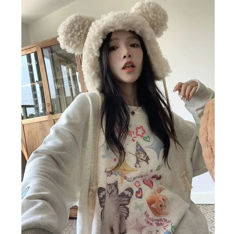 Kawaii Cat Print Hoodie Cutecore Long Sleeve Sweatshirt American Retro Egirl Kitten Angel Graphic Alt Clothes Y2k