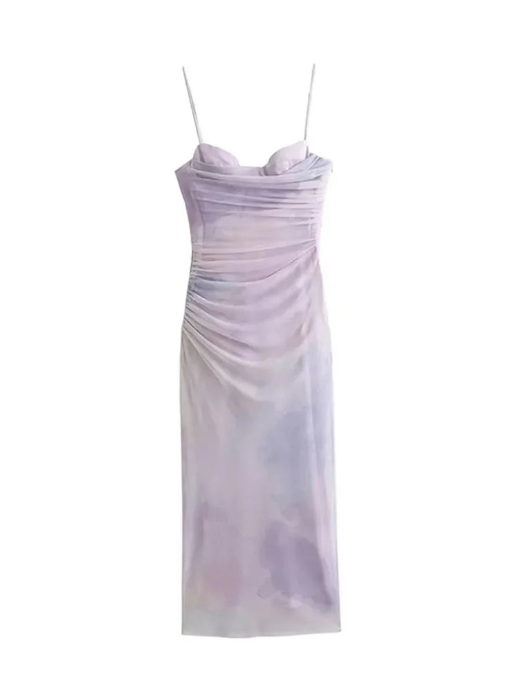 Summer Long Dresses Woman Purple Tulle Tie Dye Sleeveless Backless Ruched Female Slim Midi Party Dress