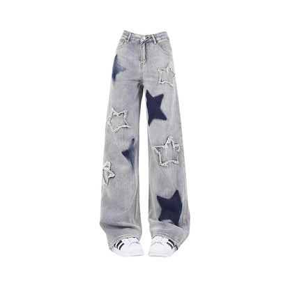 Blue High Waist Star Jeans Korean Y2k 90s Aesthetic Baggy Denim Trouser 2000s Wide Leg Pants Clothes