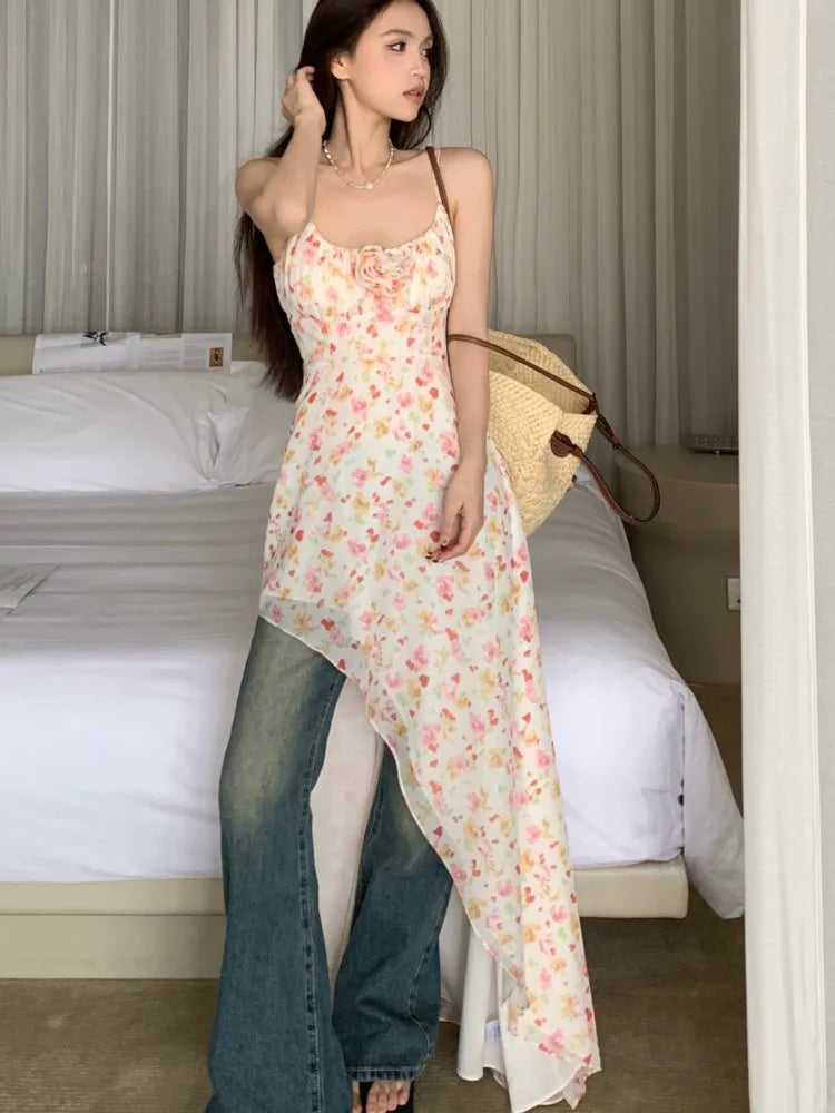 Midi Dress Sleeveless Print Slim Backless Camisole Dresses Holiday Party Spring Summer New Clothing