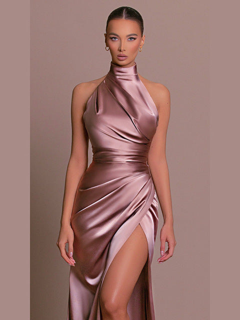 Satin Hanging Collar Sleeveless Split Slim Fit Dress Slim Summer New Long Dress Party Evening Dress