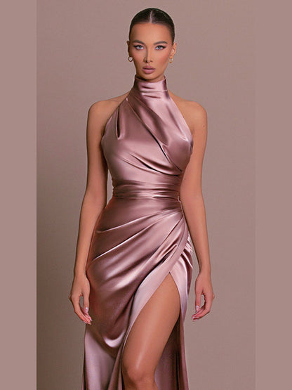 Satin Hanging Collar Sleeveless Split Slim Fit Dress Slim Summer New Long Dress Party Evening Dress