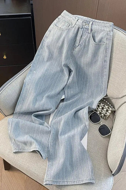 Korean Shiny Hot Diamond Temperament High Waisted Straight Tube Loose and Slimming Narrow Version Wide Leg Denim Pants for
