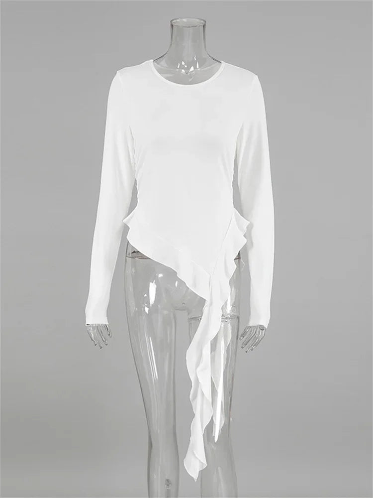 White Knit Slim T-shirt Pullover Female Ruffled Patchwork See-through Long Sleeve Y2k Inner Top ’s Knitwear Tee