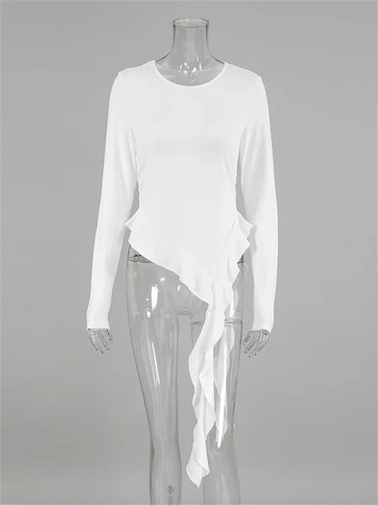 White Knit Slim T-shirt Pullover Female Ruffled Patchwork See-through Long Sleeve Y2k Inner Top ’s Knitwear Tee