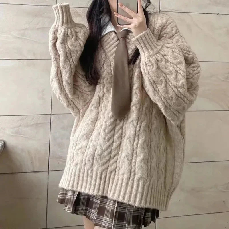 Autumn Winter Sweater Harajuku Oversized Knitted Pullovers Korean Long Sleeve V Neck Knitwear Preppy Loose Jumper