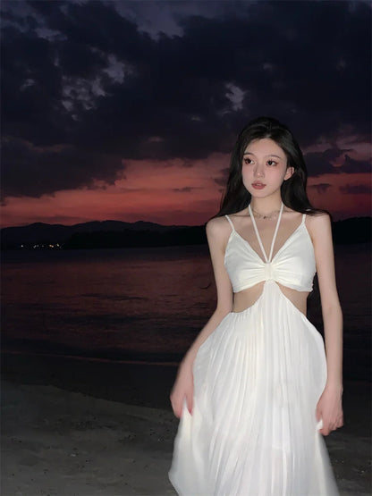 Summer New Pleated Holiday Beach Long Dresses for Vacation Spaghetti Strap a Line Robe Sundress