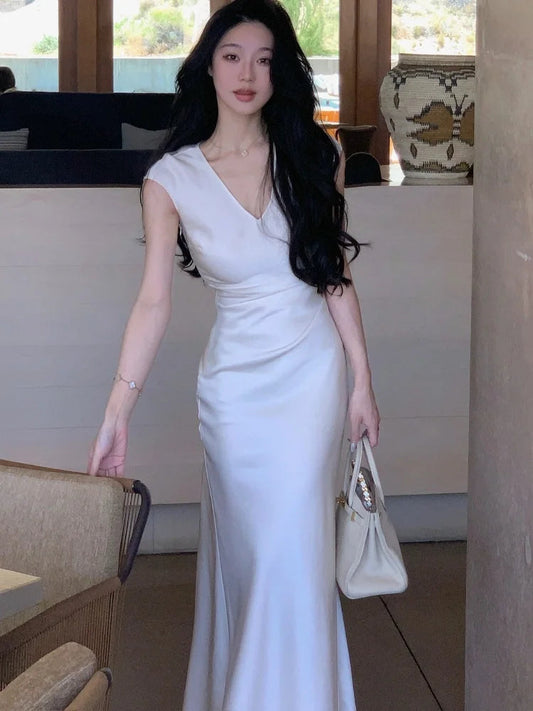 Vneck Slim Midi Dresses for Sleeveless Party Prom Female Clothes Summer