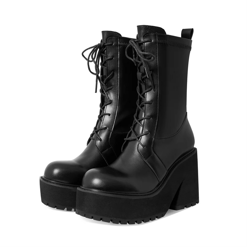 Platform Chunky High Heeled Knee High Boots Cool Round Toe Sweet Heeled Boots Gothic Uniform Dress Shoes