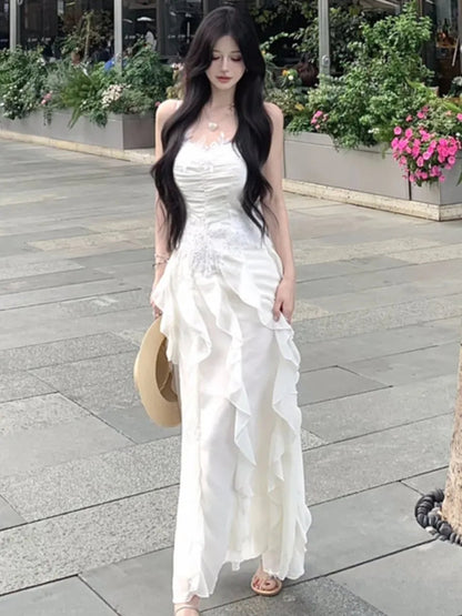 Korean Sweet Fairycore Long Dresses for Spaghetti Strap Ruffles Princess Party Dress Summer Slim Waist Vestidos