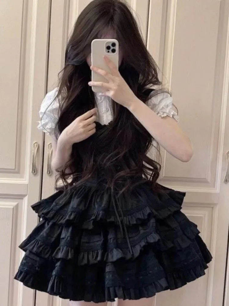 Y2k Two-piece Dress Set Puff Sleeve Shirt Black A-line Ruffles Cake Mini Dress Korean Suit Summer New Outfit