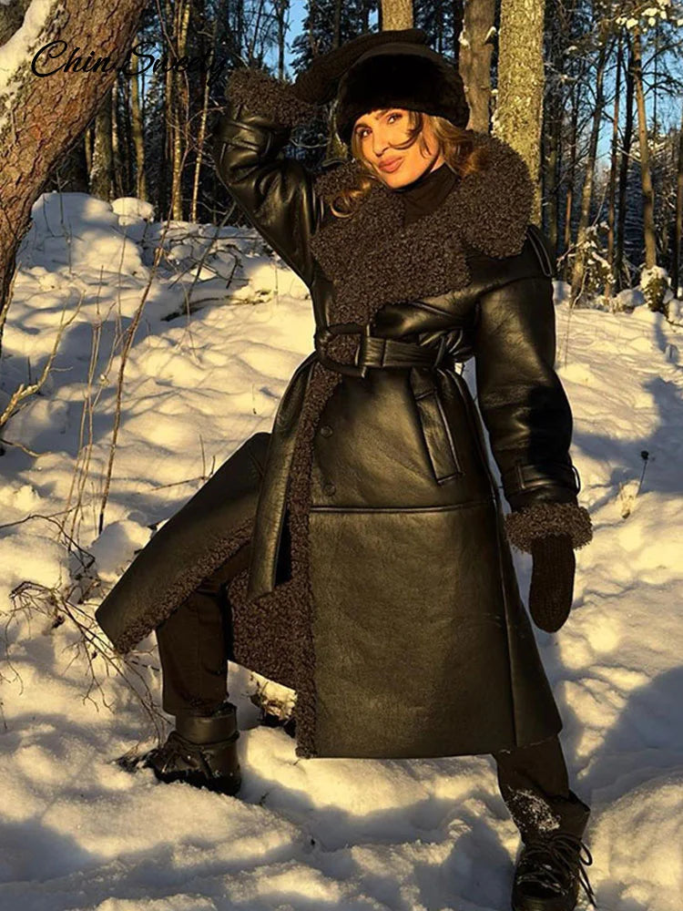 Lamb Wool Pu Leather Long Jacket With Belt Patchwork Lapel Pocket Oversize Overcoat Winter Warm Thick Outwear