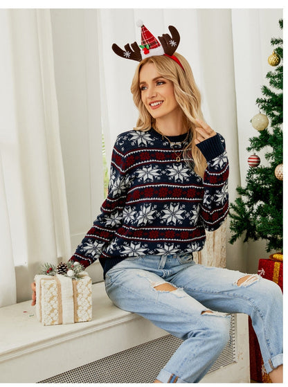 Christmas Long Sleeve Snowflake Round Neck Print Sweater Thick Knit Jumper Warm Sweater