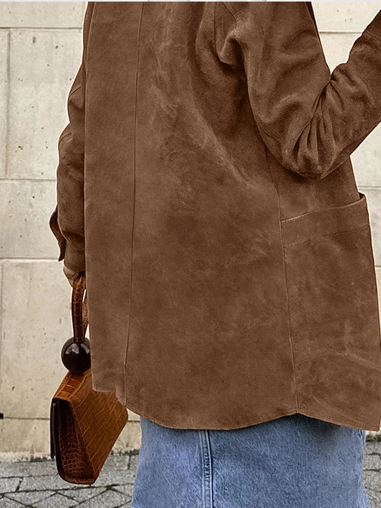 Suede Long Sleeve Jackets Autumn Loose Brown Lapel Coat Top With Pockets Female Street New in Outwear