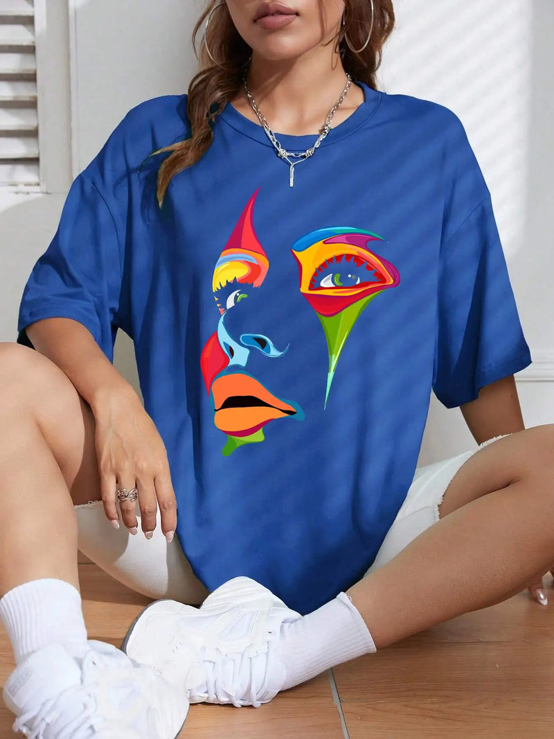 Painted Lady Face Personality Design Print T Shirt Female Street Comfortable T-shirt Soft Tops Breathable Short Sleeve