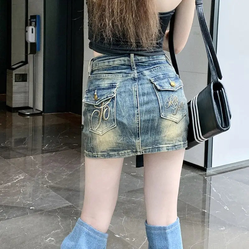 Embroidery Denim Half Skirt Summer Skirt Water Wash Elastic Wrap Hip Short Skirt