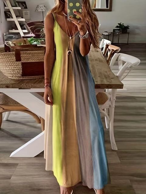 Color Gradient Print Spaghetti Strap Dresses Summer V-neck Beach Vacation Style Long Dress Female A-line Vestidos