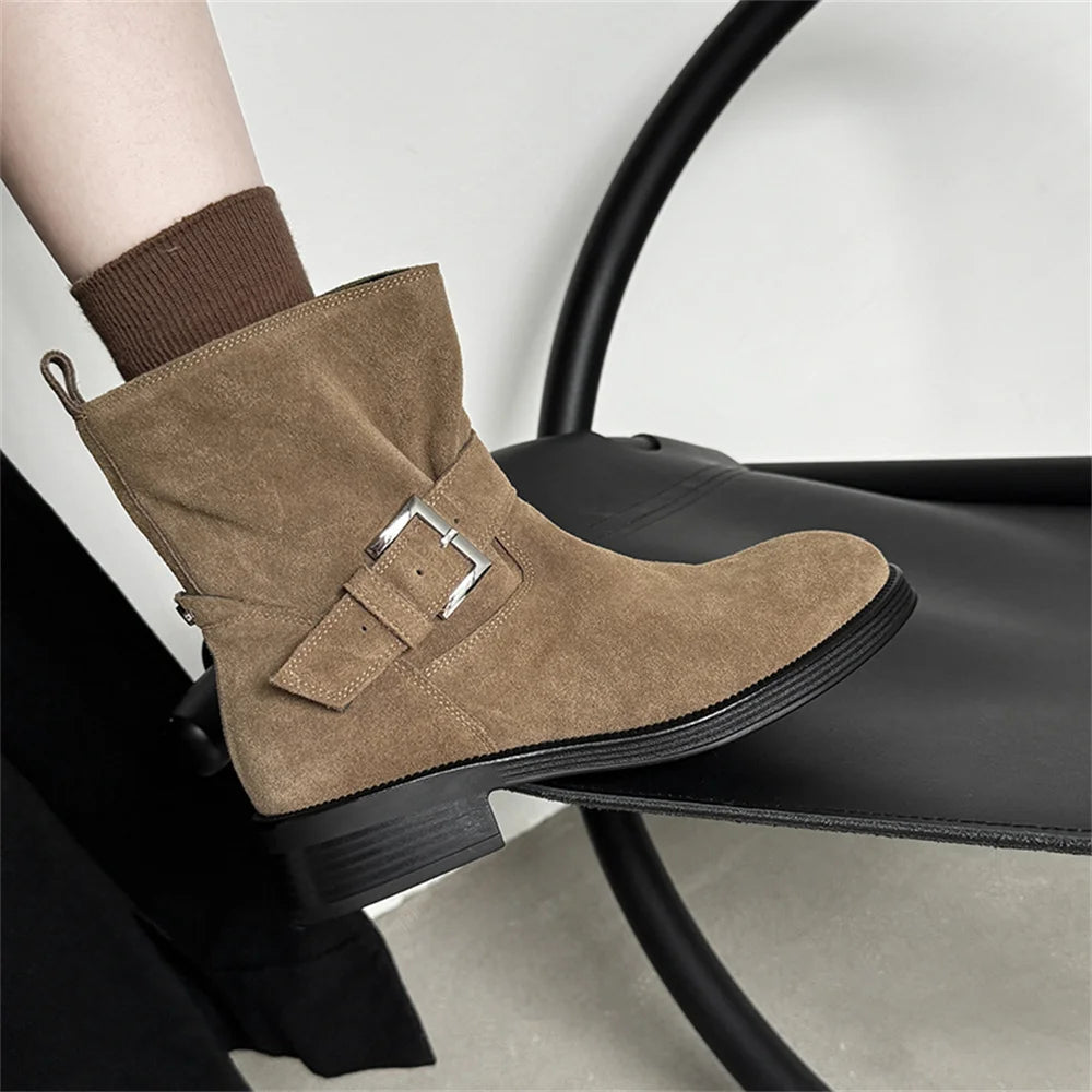 Ankle Boots Cow Suede Round Toe Motorcycle Boots Thick Low Heels Warm Autumn Winter Shoes Buckles Boots