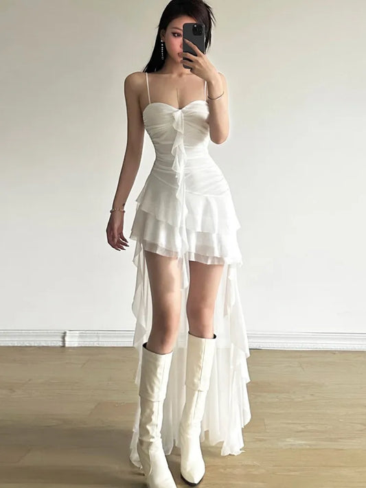 Y2k Irregular Ruffles Spaghetti Strap Summer New Midi Dresses for Birthday Party Dress Club Prom Robe Vestidos Mujer