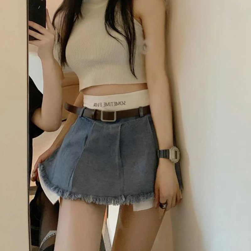 High Waist Denim Skirts Summer Korean Patchwork Mini Skirts Female Tassels Jeans Skirts