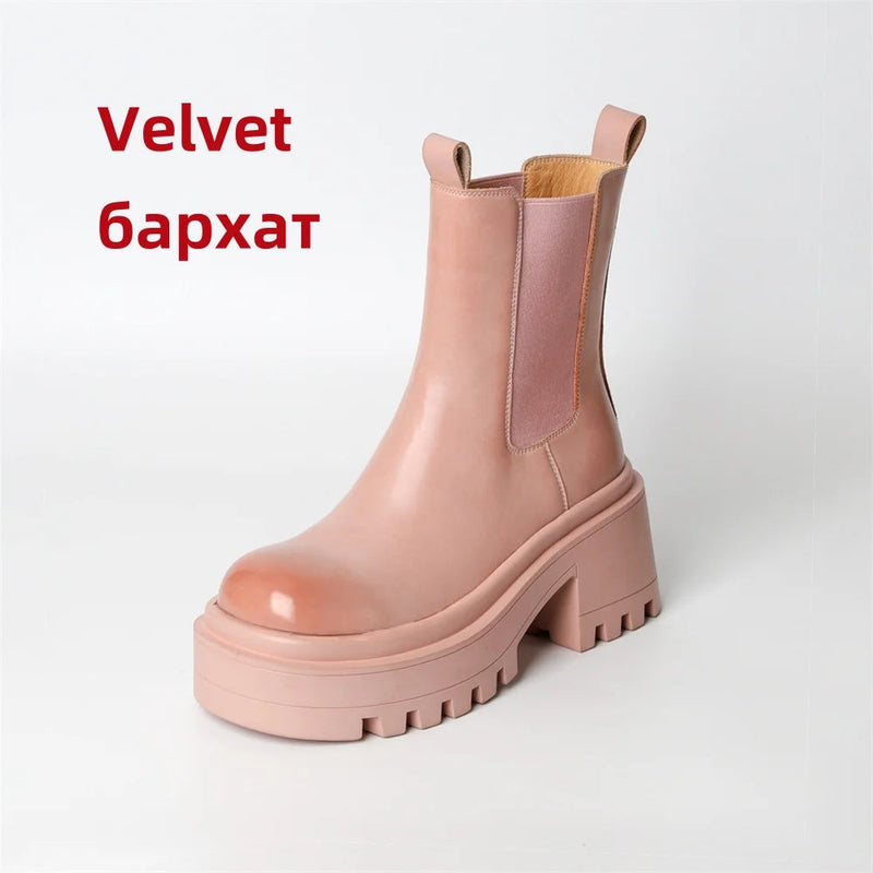 Platforms Ankle Boots Genuine Leather Thick Sole Ankle Female Punk Motorcycle Shoes Combat Booties