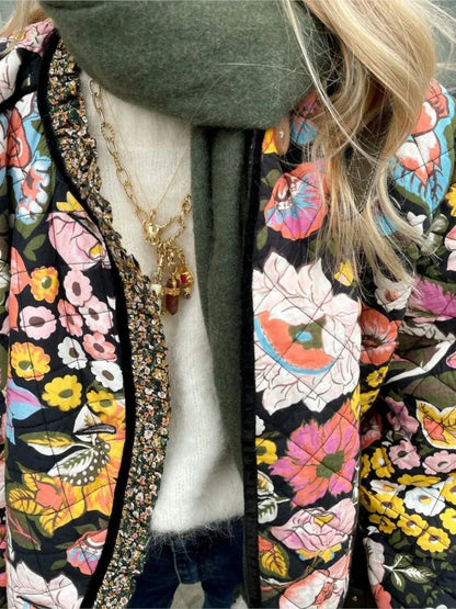 Flower Printed Spliced Coat for Long Sleeve Thick Warm Cotton Jacket Autumn Winter