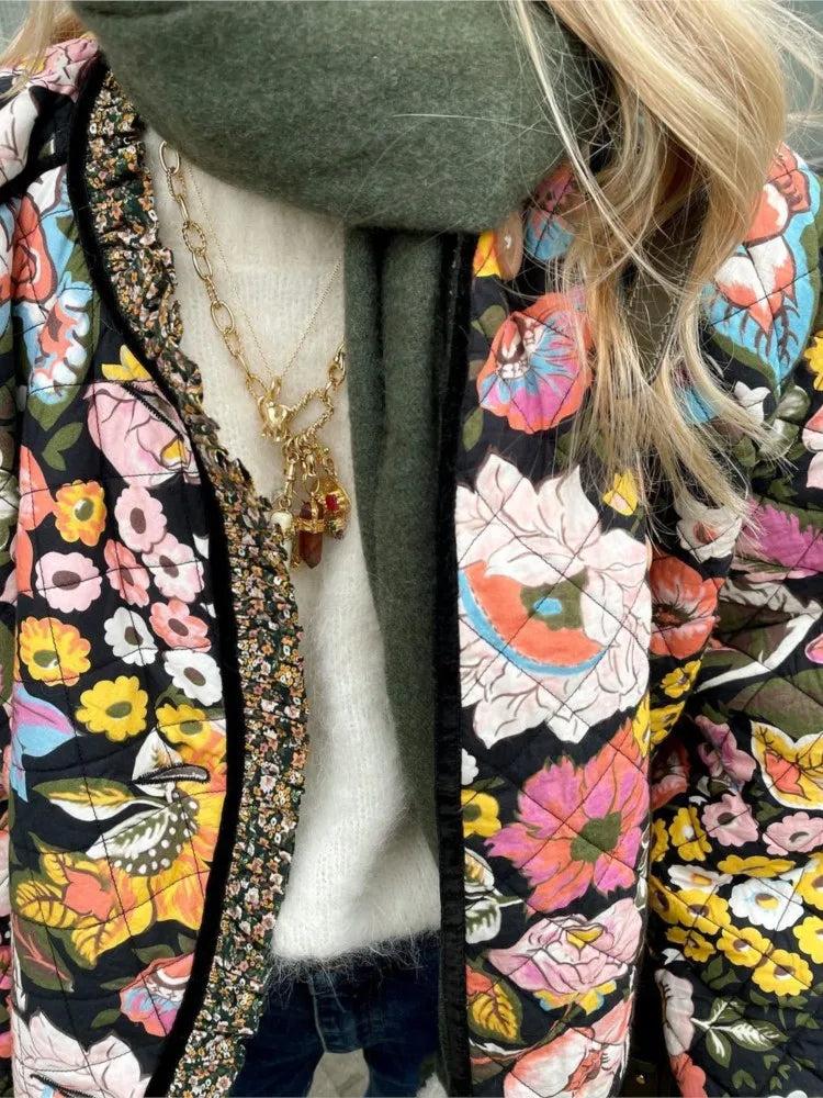 Flower Printed Spliced Coat for Long Sleeve Thick Warm Cotton Jacket Autumn Winter