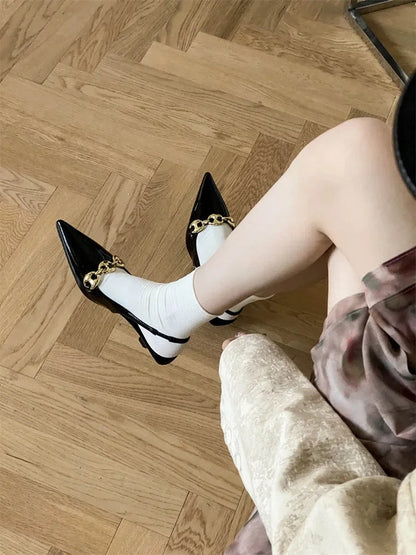 Metal Decoration Pointed Toe Pumps Thin Low Heels Sandals Dress Mules Shoes
