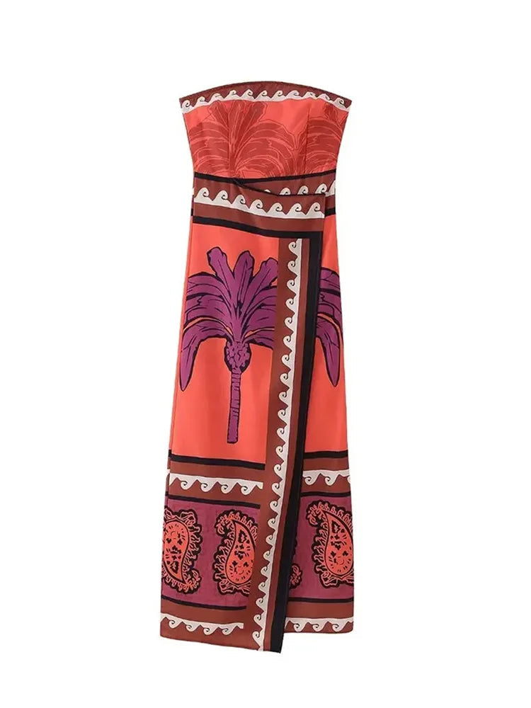 Summer Printed Tube Dress Strapless Slim Fit Midi Dresses Female Hem Slit Beach Dress