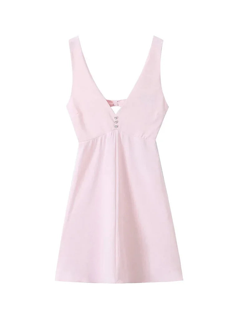Summer Woman Vneck Mini Dress Slim Fit Aline Pleated Party Dresses Female Sleeveless Backless Tank Dress