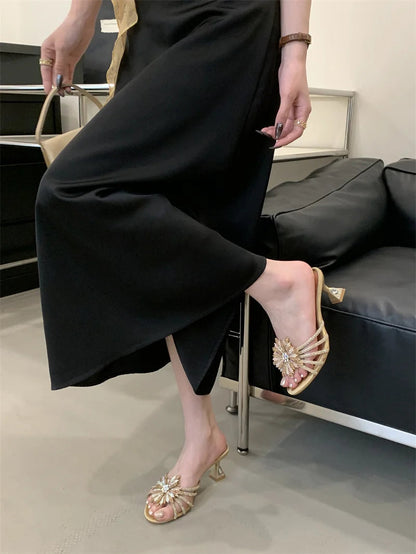 New Gold Silver Crystal Gem Strange Low Heels Slippers Rhinestone Flowers Summer Party Prom Shoes Mules Sandals