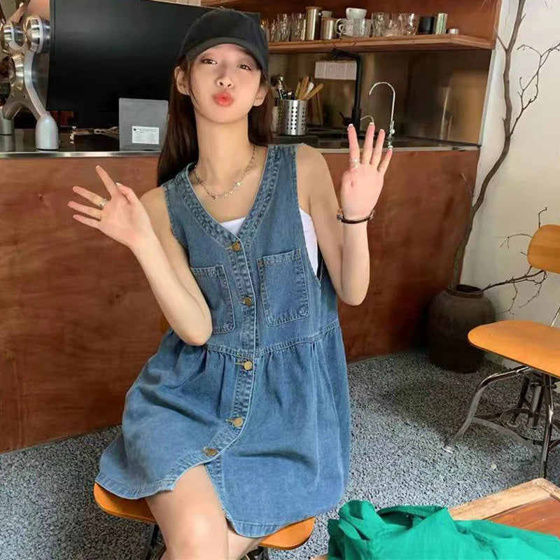 Biyaby Sleeveless Strap Dress Summer Singlebreasted Pockets Denim Dresses Woman Korean Style Loose a Line Mini Dress