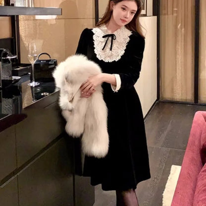 French Princess Evening Party Dresses Lace Patchwork Velvet Mini Dress A-line Korean Autumn Vestidos Mujer