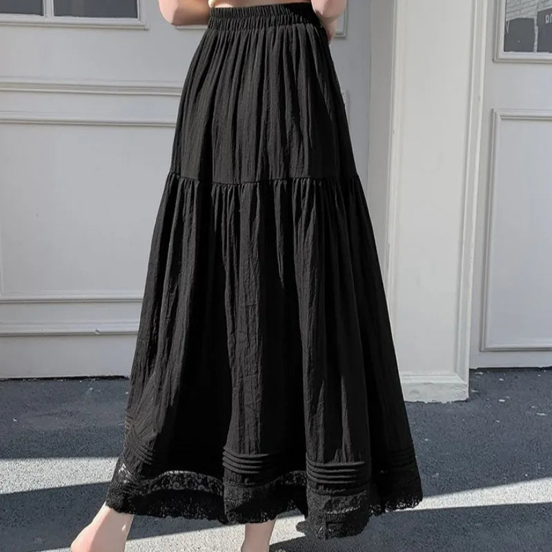 Lace Patchwork Skirts Aline Spring Summer Sweet Faldas Mujer Korean Long Skirt