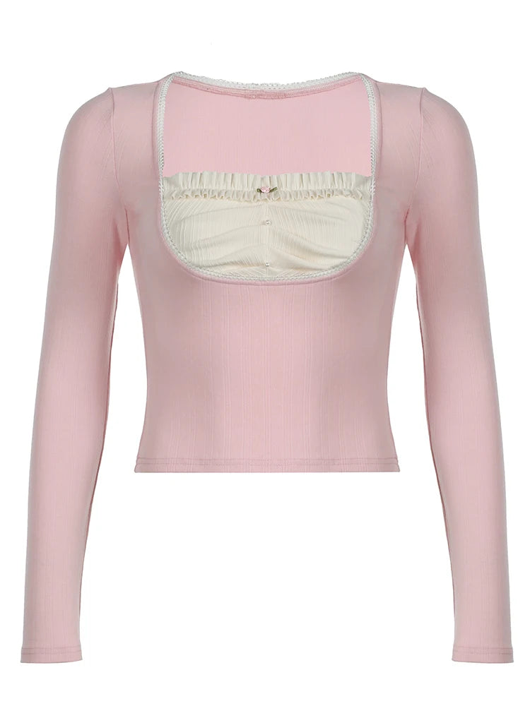Japanese Kawaii Pink Slim Long Sleeve T-shirt Contrast Patchwork Square Collar Sweet Basic Spring Autumn Top Tees