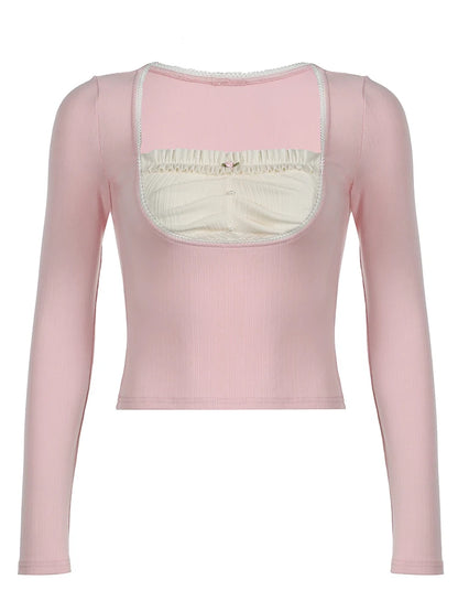 Japanese Kawaii Pink Slim Long Sleeve T-shirt Contrast Patchwork Square Collar Sweet Basic Spring Autumn Top Tees